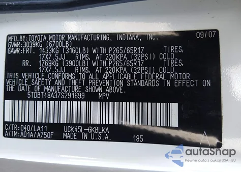 2007 Toyota Sequoia Limited V8 из США, поврежденный, VIN 5TDBT48A37S291699